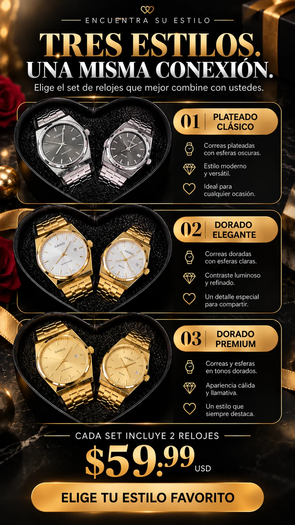 Tres opciones de sets: plateado clásico, dorado elegante con esfera clara y dorado premium con esfera dorada