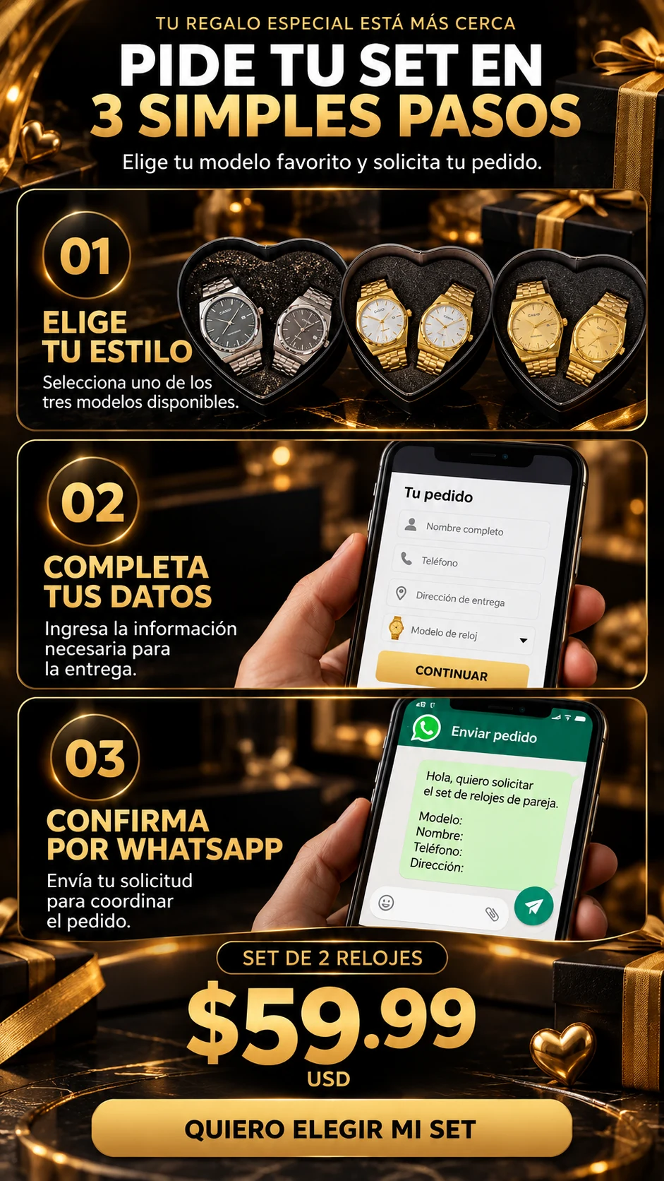 Tres pasos: elegir modelo, completar datos y enviar solicitud por WhatsApp