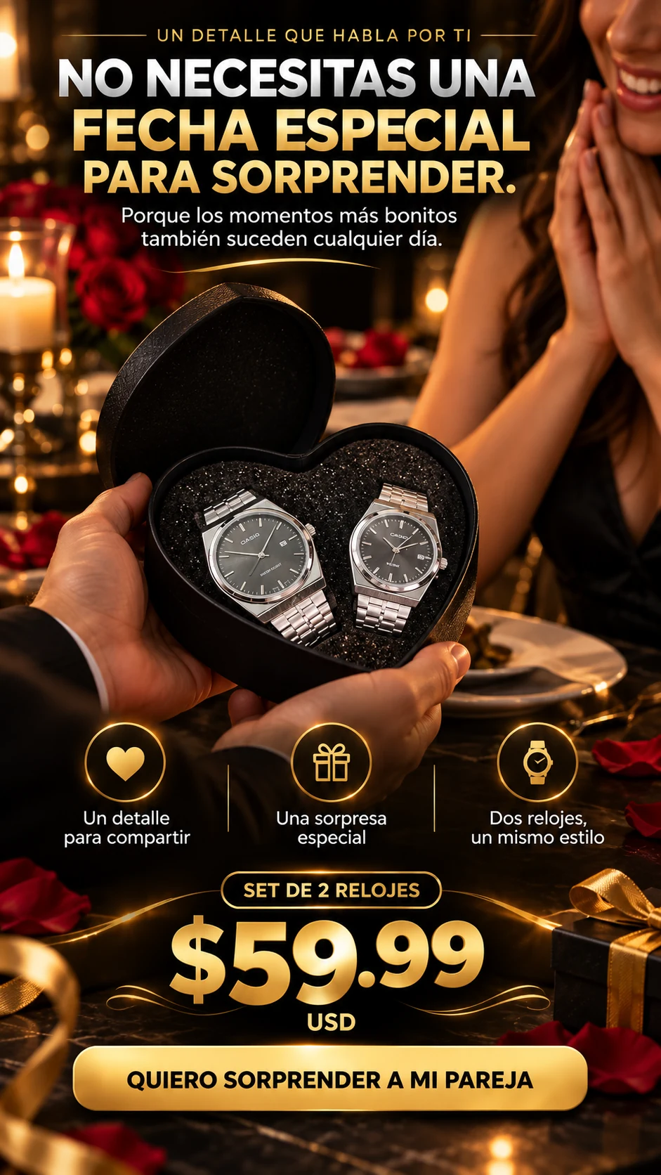 Escena romántica de entrega de un estuche corazón con dos relojes plateados