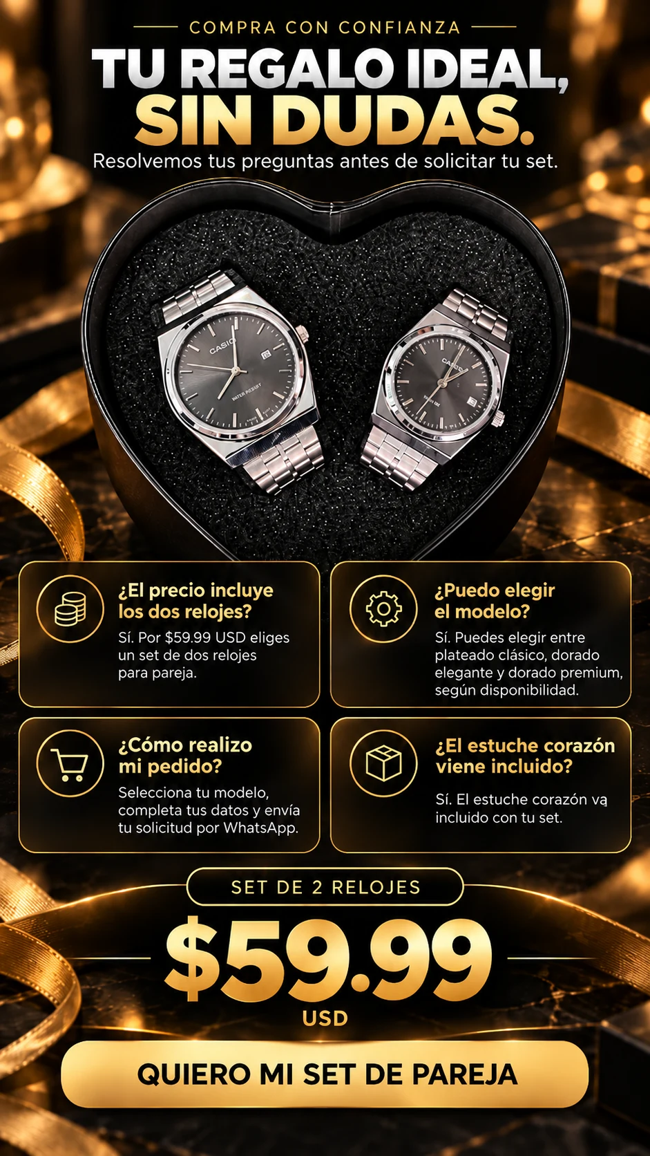 Preguntas frecuentes sobre los dos relojes, modelos, envío del pedido por WhatsApp y estuche corazón incluido
